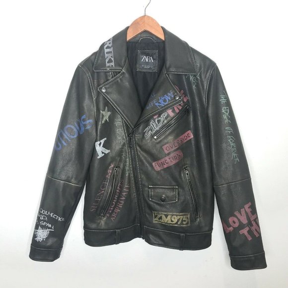 Zara Other - Zara Mens Faux Leather Graffiti Moto Biker Jacket Size Small Brown Zippers